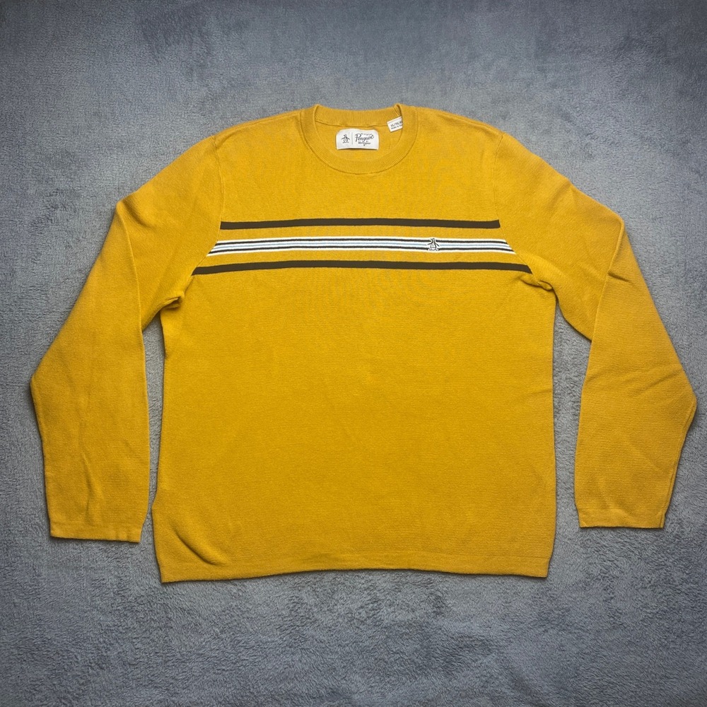 Original Penguin Sweater‎ Mens XL Mustard Yellow Striped Crewneck Cotton PE27626